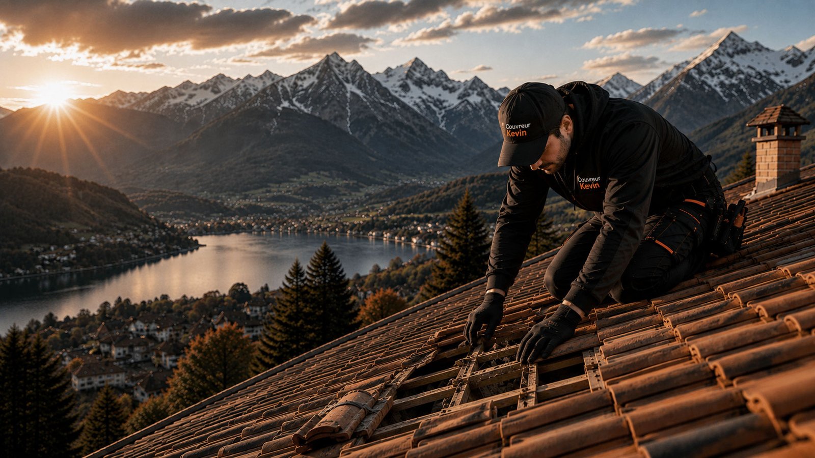 Artisan couvreur sur une toiture en Haute-Savoie